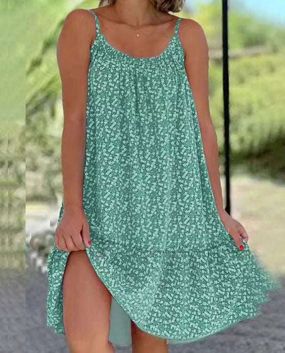 Marlene | Boho Blumen Mini Kleid – Rüschen Spaghettiträger Swing Sommerkleid