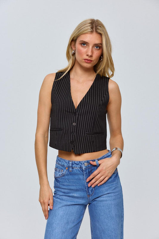 Schwarze Weste mit Knopfleiste und Streifendetail – Damen