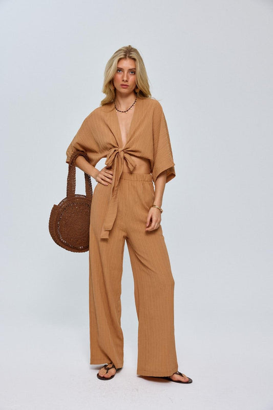 Camelfarbenes Hosenset mit Knotendetail – Damen
