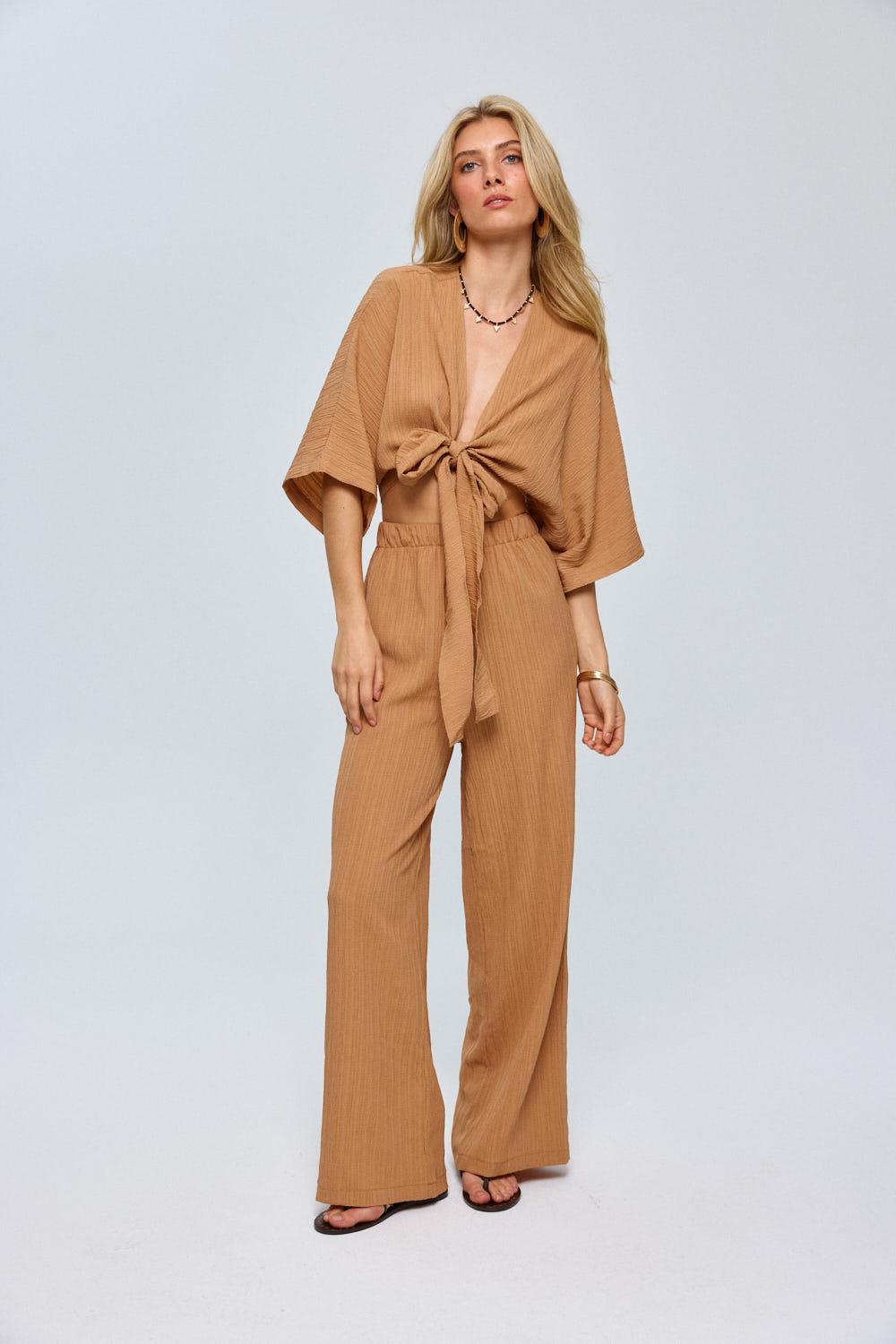 Camelfarbenes Hosenset mit Knotendetail – Damen