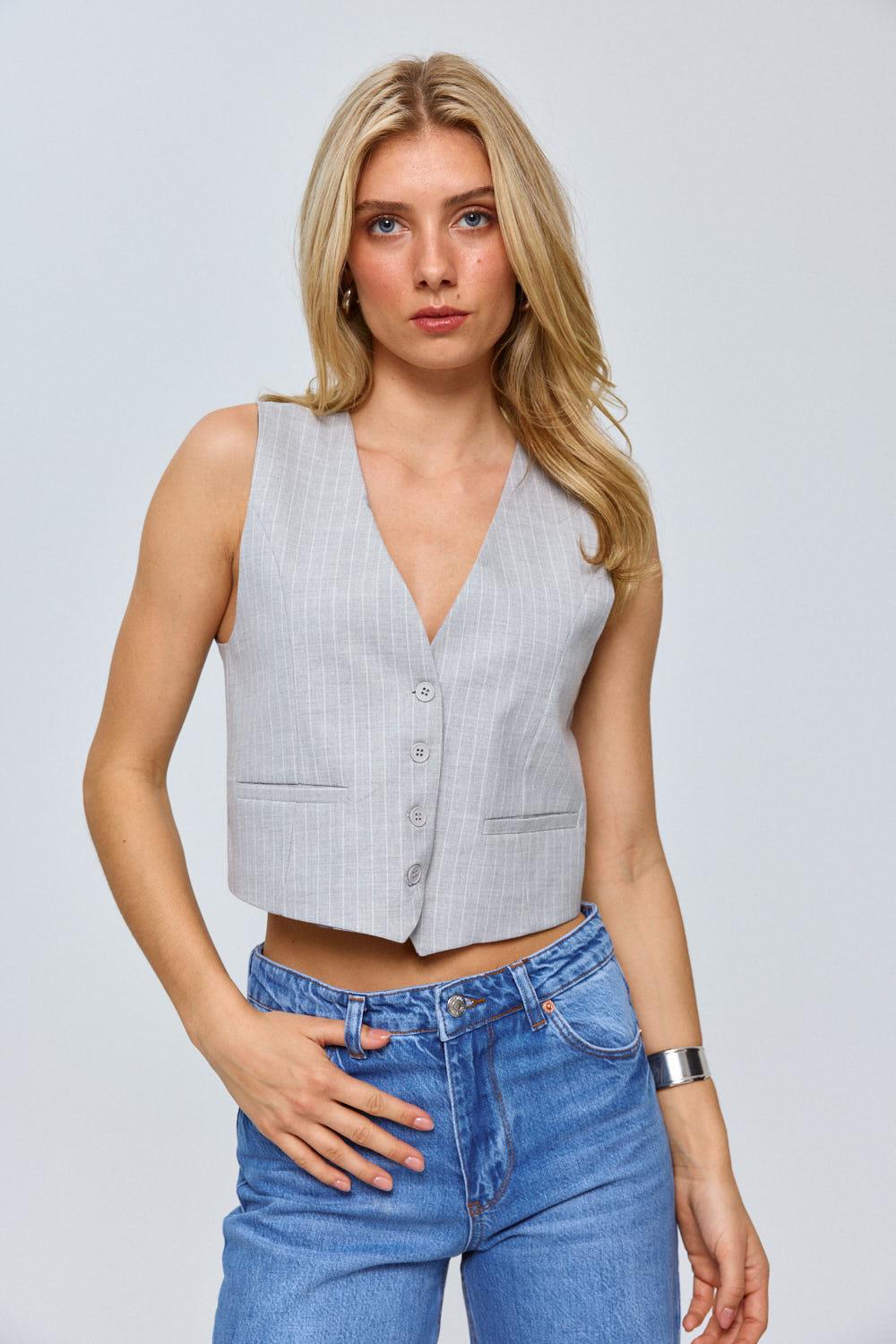 Gray V-Neck Striped Vest - Women's