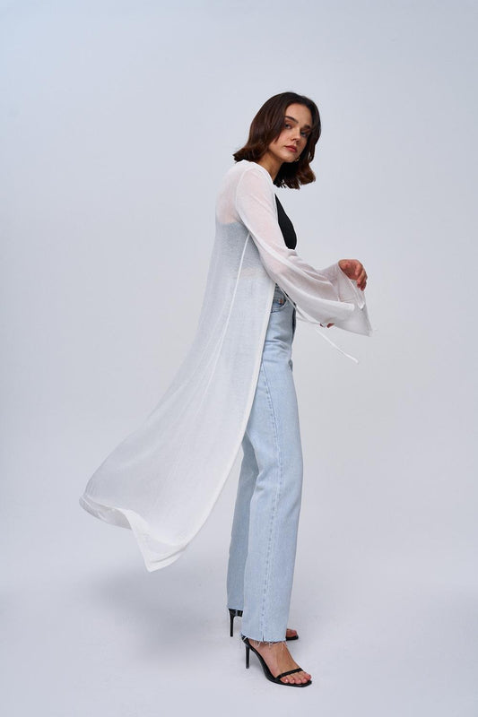 Slim Fit Maxi-Strickjacke in Weiß mit Krawatte – Damen