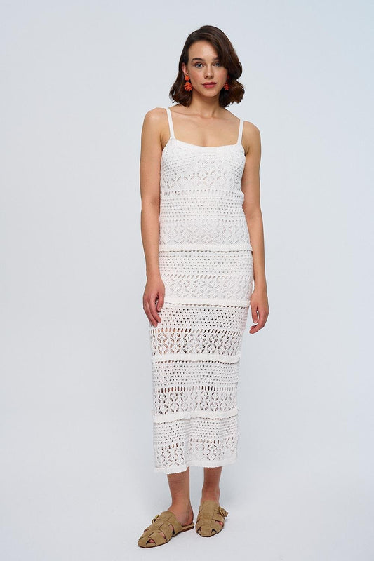 Weißes Midikleid aus durchbrochenem Strick – Damen